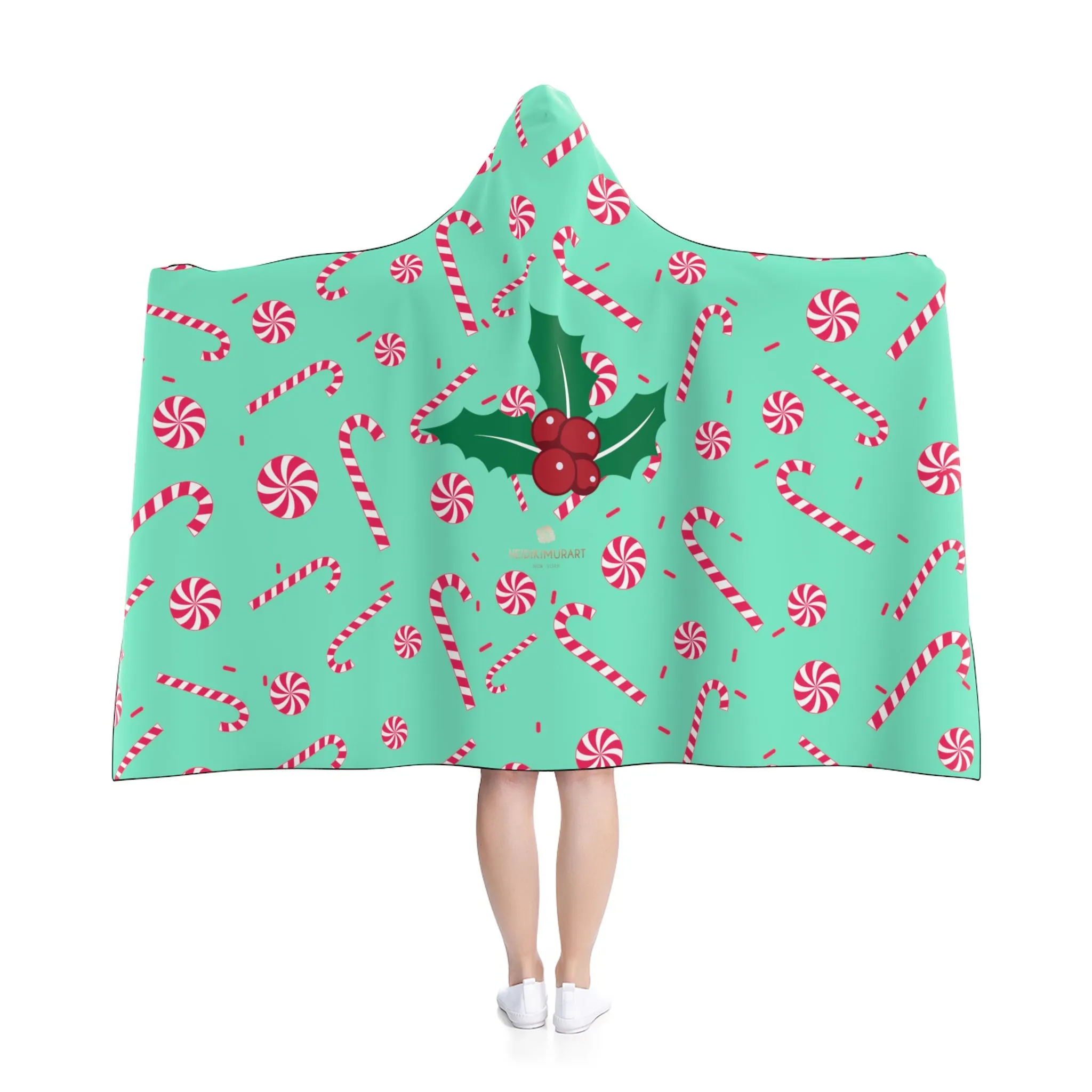 Blue Lightweight Christmas Red Sugar Cane Designer Holiday Party Hooded Blanket