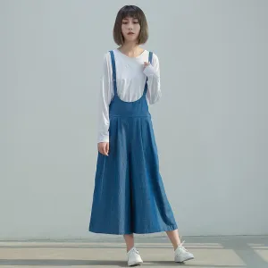 Blue Linen  wide Leg Pants Women Long  Jumpsuit