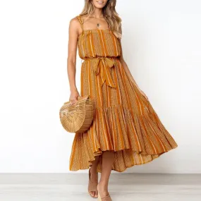 Boho Sleeveless Summer Casual Ruffled Striped Print Sash Ladies Holiday Beach Wear Strap Sexy Maxi Dress