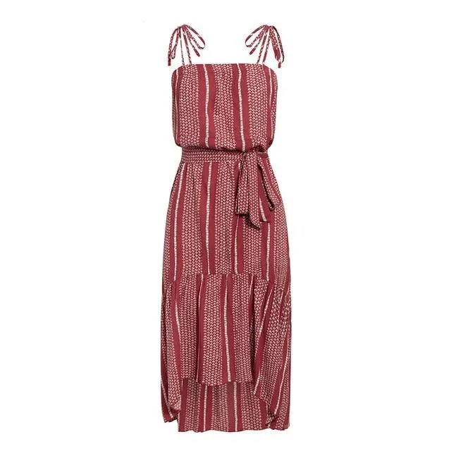 Boho Sleeveless Summer Casual Ruffled Striped Print Sash Ladies Holiday Beach Wear Strap Sexy Maxi Dress