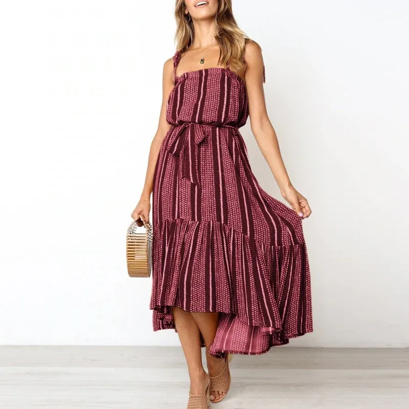 Boho Sleeveless Summer Casual Ruffled Striped Print Sash Ladies Holiday Beach Wear Strap Sexy Maxi Dress