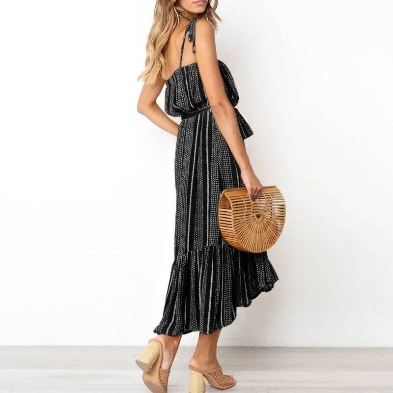 Boho Sleeveless Summer Casual Ruffled Striped Print Sash Ladies Holiday Beach Wear Strap Sexy Maxi Dress