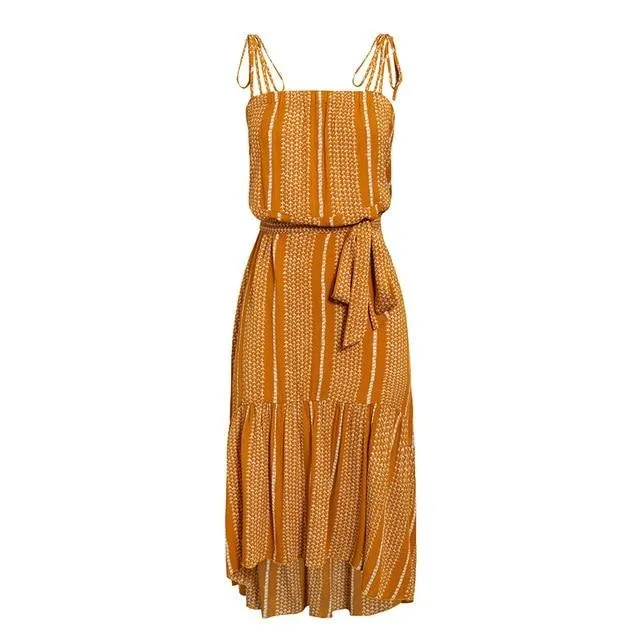 Boho Sleeveless Summer Casual Ruffled Striped Print Sash Ladies Holiday Beach Wear Strap Sexy Maxi Dress