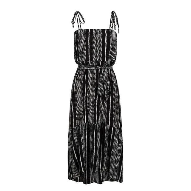 Boho Sleeveless Summer Casual Ruffled Striped Print Sash Ladies Holiday Beach Wear Strap Sexy Maxi Dress