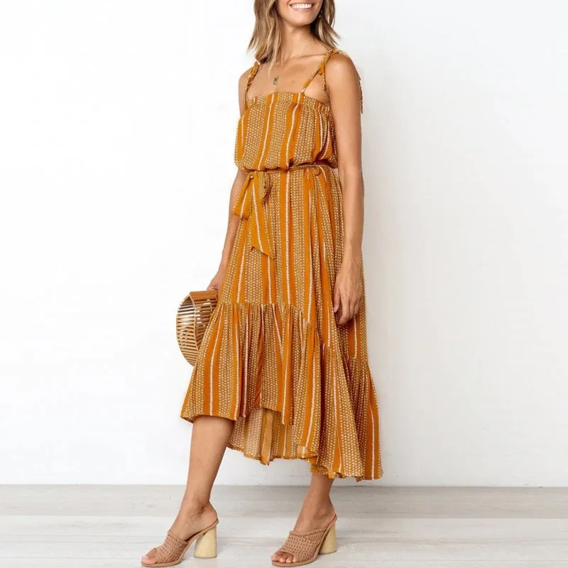 Boho Sleeveless Summer Casual Ruffled Striped Print Sash Ladies Holiday Beach Wear Strap Sexy Maxi Dress