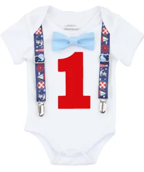 Boys Nautical Theme First Birthday Onesie Whales Sailboats Shirt