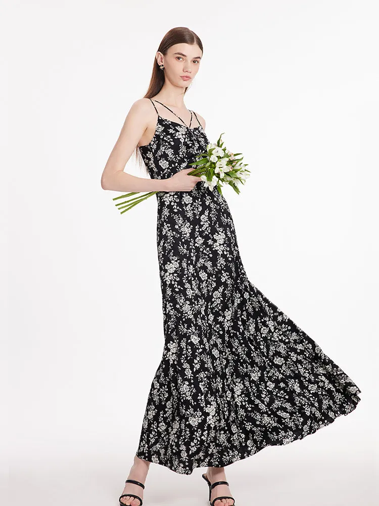 Camellia Print Spaghetti Strap Women Maxi Dress