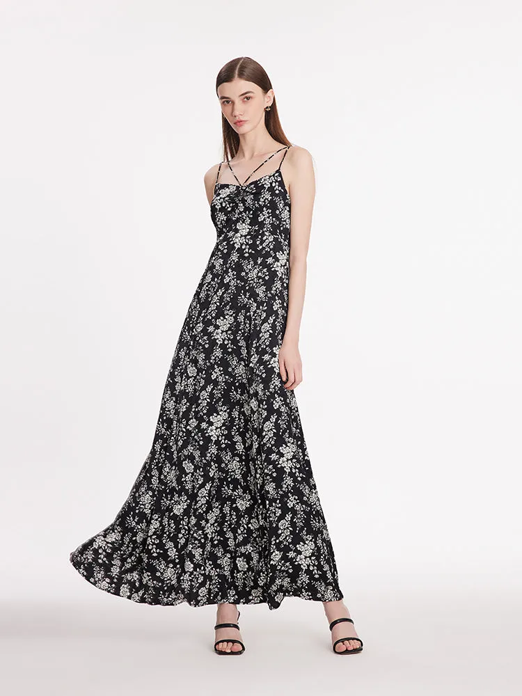 Camellia Print Spaghetti Strap Women Maxi Dress