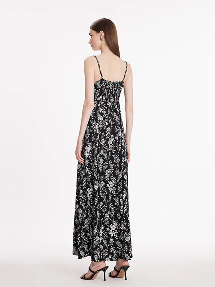 Camellia Print Spaghetti Strap Women Maxi Dress