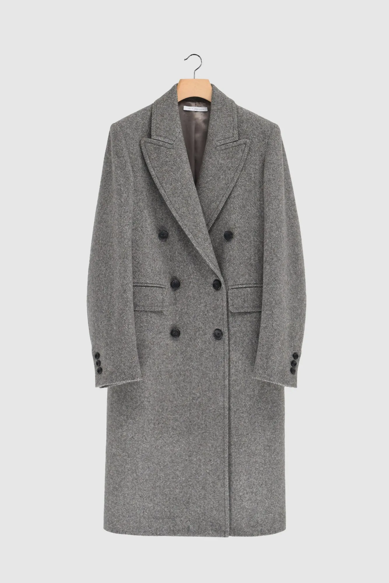 CAMERON - Double-Breasted Wool Coat in Medium Grey Herringbone