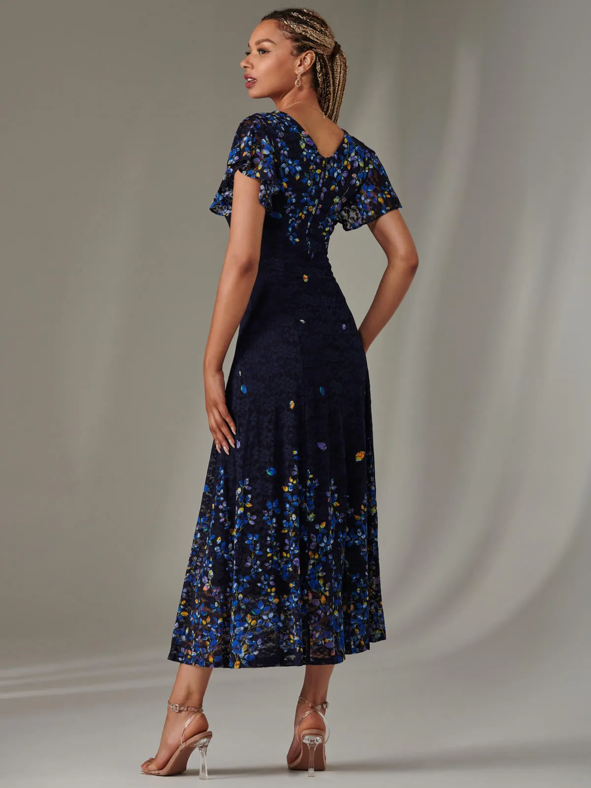 Cap Sleeve Lace Maxi Dress, Blue Multi