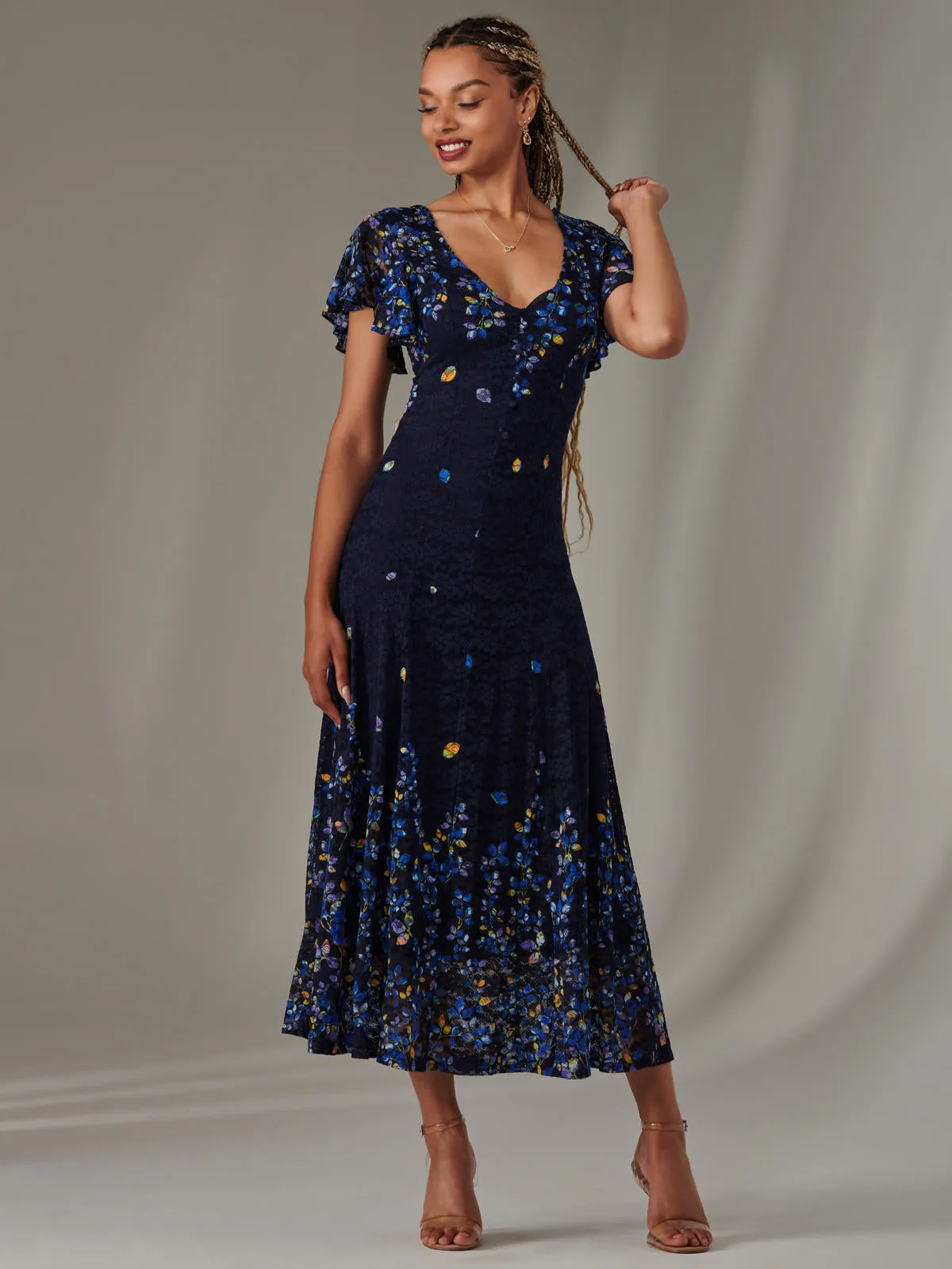 Cap Sleeve Lace Maxi Dress, Blue Multi