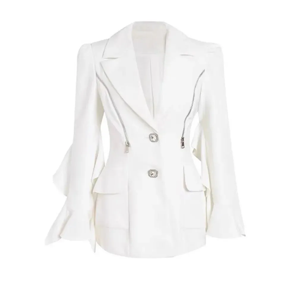 Casual Spliced Ruffles Blazers For Women Notched Colllar Flare Sleeve Tunic Temperament Blazer Female Fashion