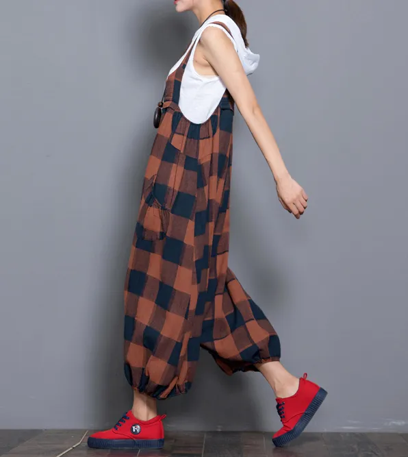 Checked Denim Casual Spring Denim Overall Plaid Women Jumpsuits QY07