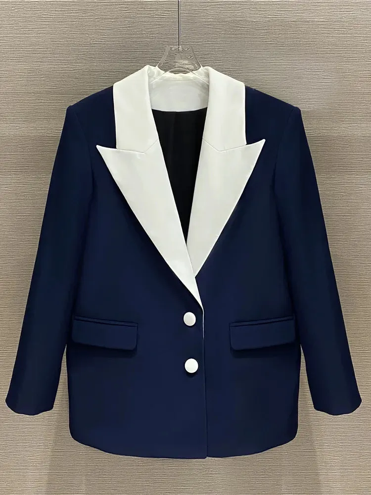 Colorblock Casual Blazers For Women Notched Collar Long Sleeves Patchwork Single Breasted Blazer Female Fashion