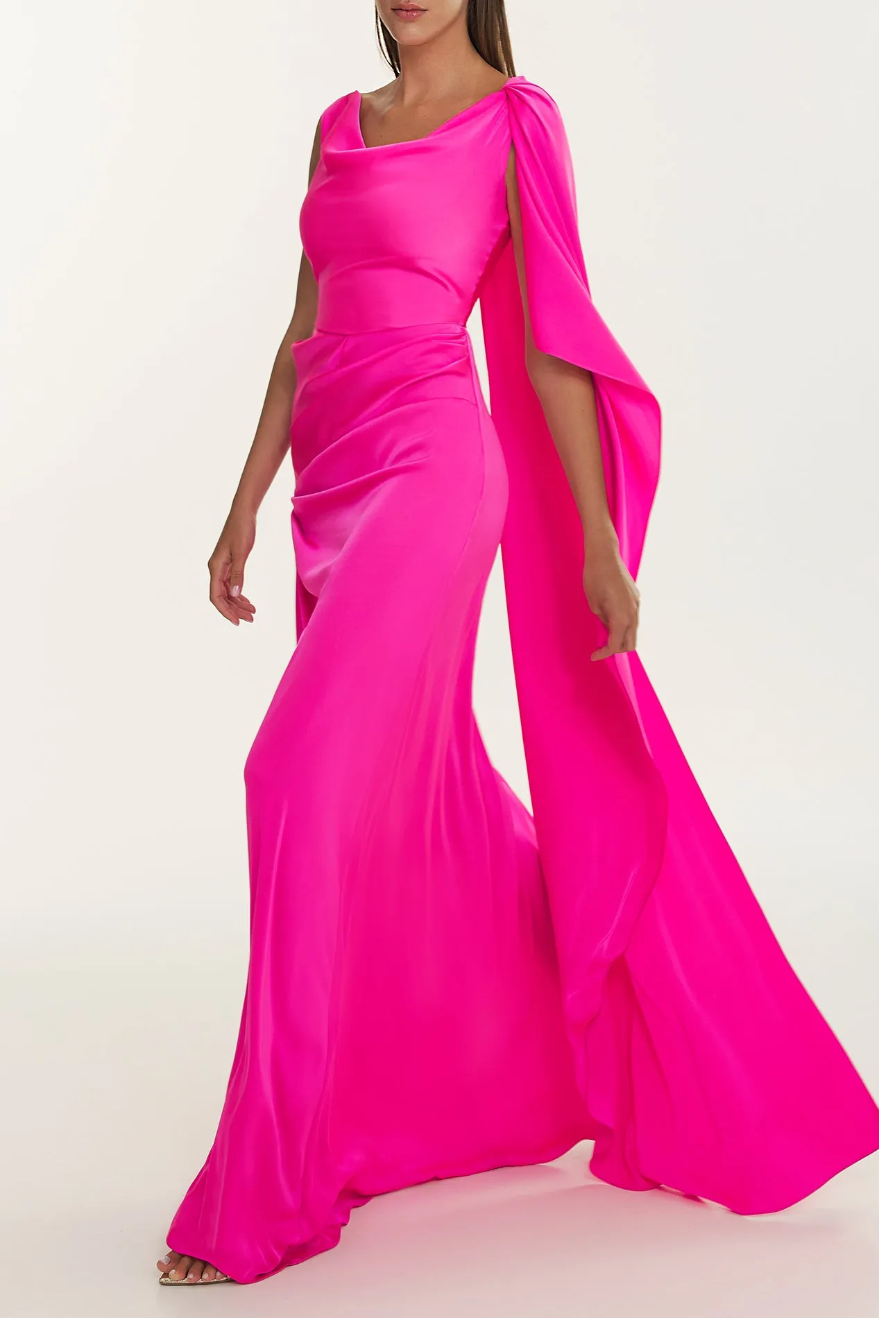 Cora Pink Caped Asymmetrical Satin Crepe Dress