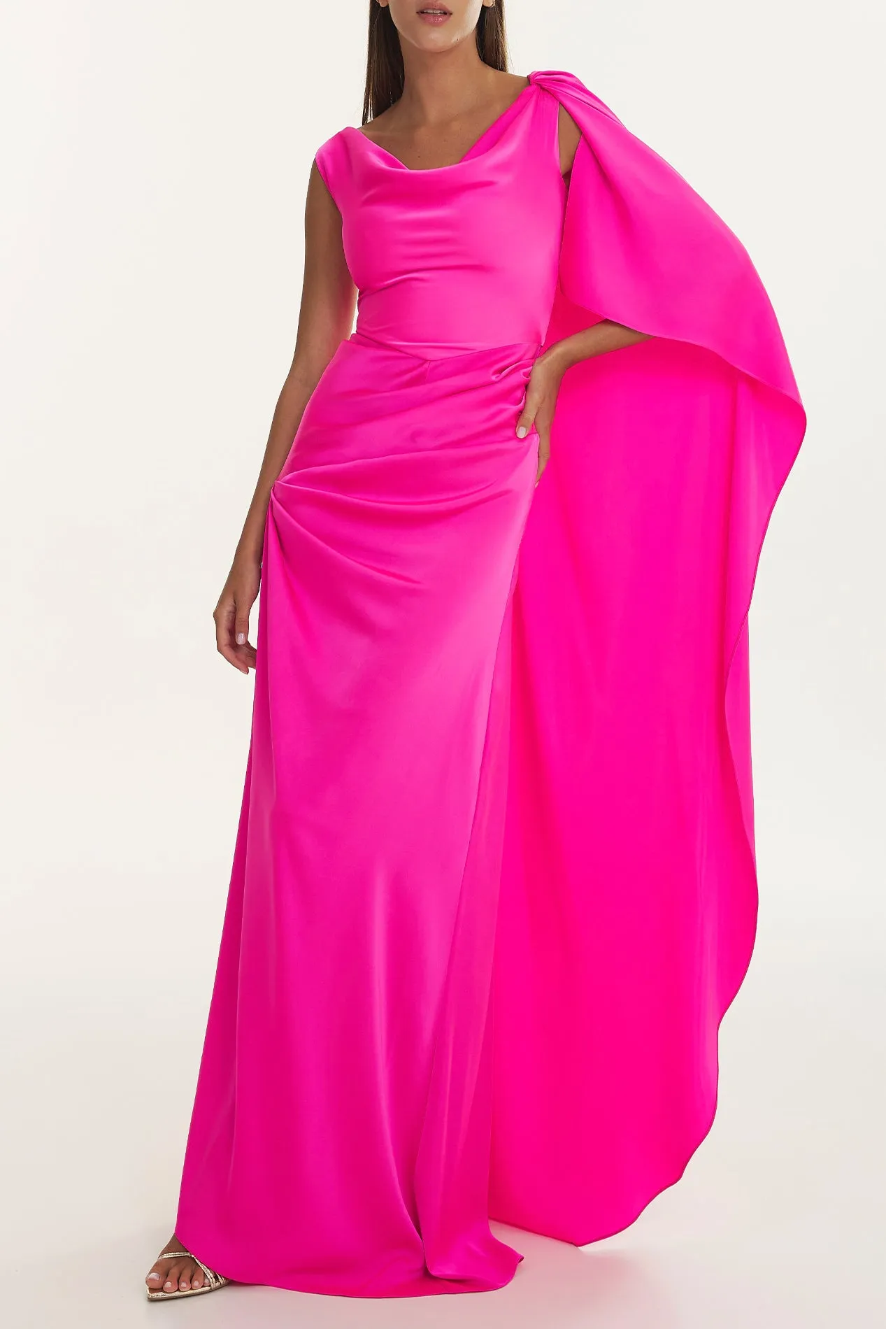 Cora Pink Caped Asymmetrical Satin Crepe Dress