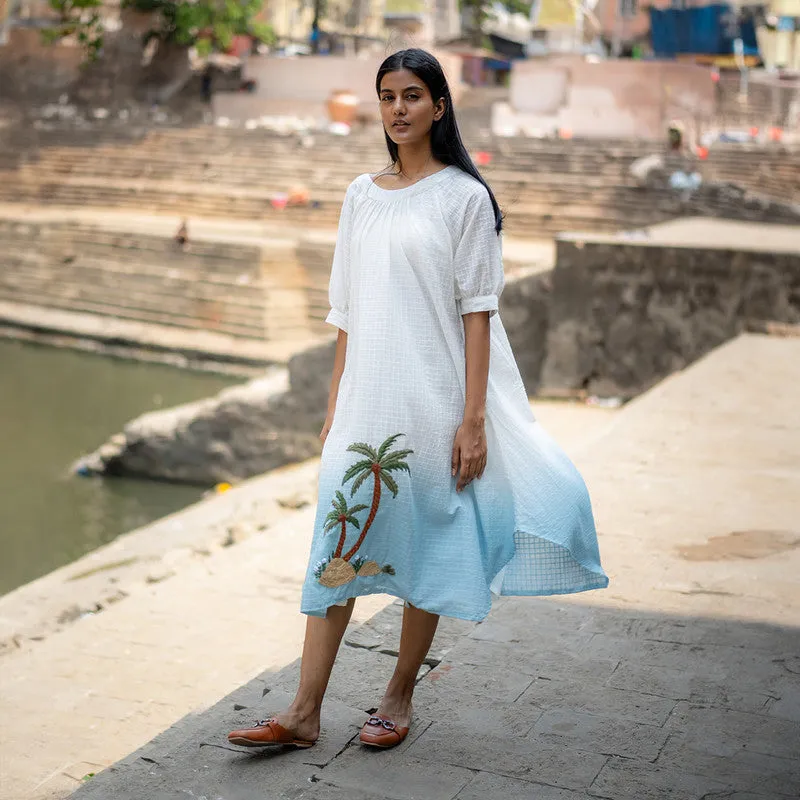 Cotton Midi Dress for Women | White & Blue Ombre | Hand Embroidered