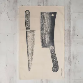 Cotton Tea Towel with Knife and Cleaver Lino Print