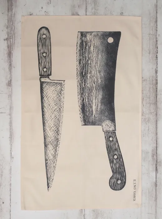 Cotton Tea Towel with Knife and Cleaver Lino Print