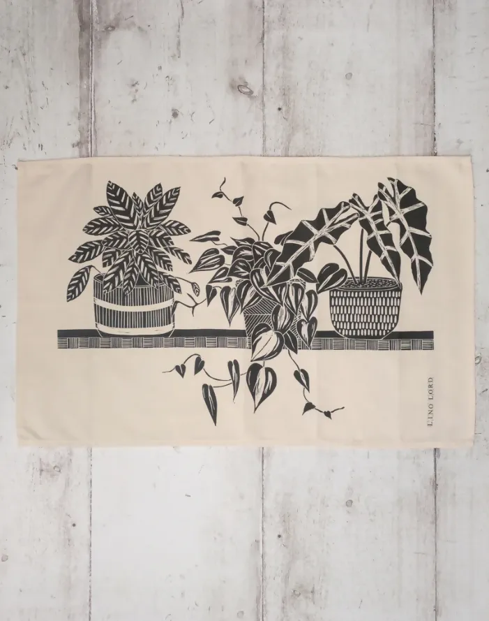 Cotton Tea Towel with Three House Plants on a Shelf Lino Print