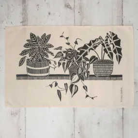 Cotton Tea Towel with Three House Plants on a Shelf Lino Print