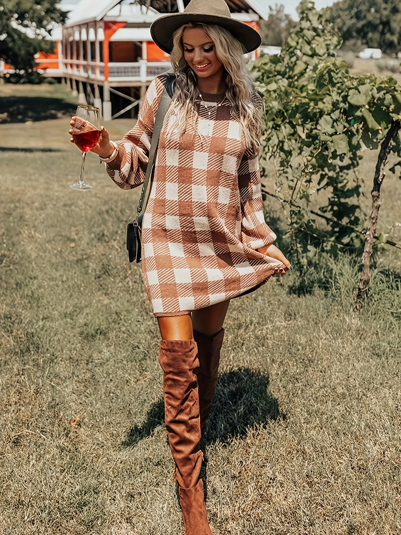 Cozy Chic Plaid Print Sweater Dress - Women's Casual Crew Neck Long Sleeve Dresses for Autumn Winter - Soft, Warm, and Comfortable Clothing for Ladies