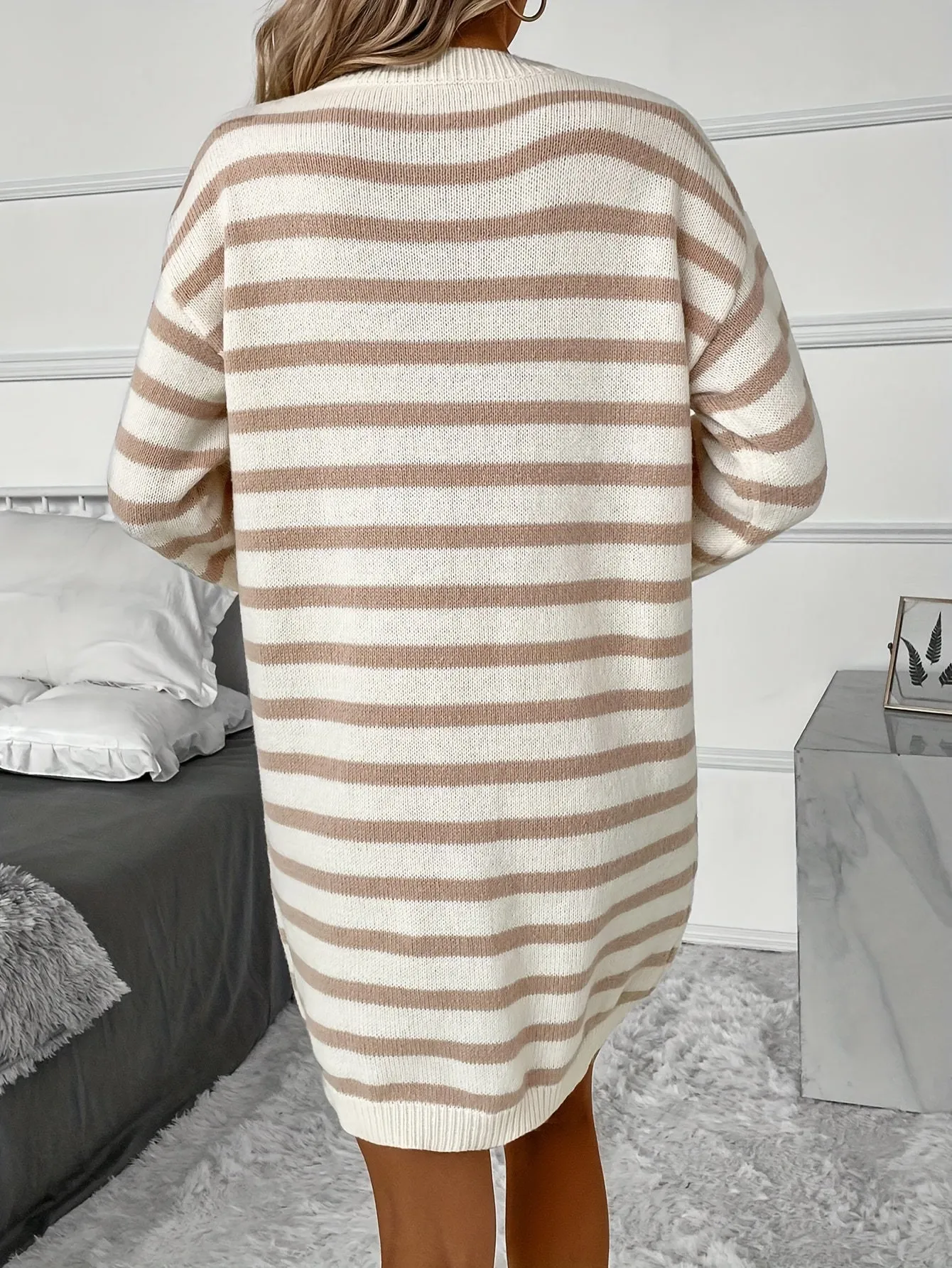 Cozy Striped Crew Neck Sweater Dress - Women's Elegant Long Sleeve Dresses for Winter - Soft, Comfortable, and Versatile Clothing for Everyday Wear