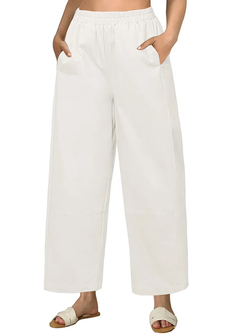 Cream White Women Pant Full Length Elastic Waist Lounge barral side pocket