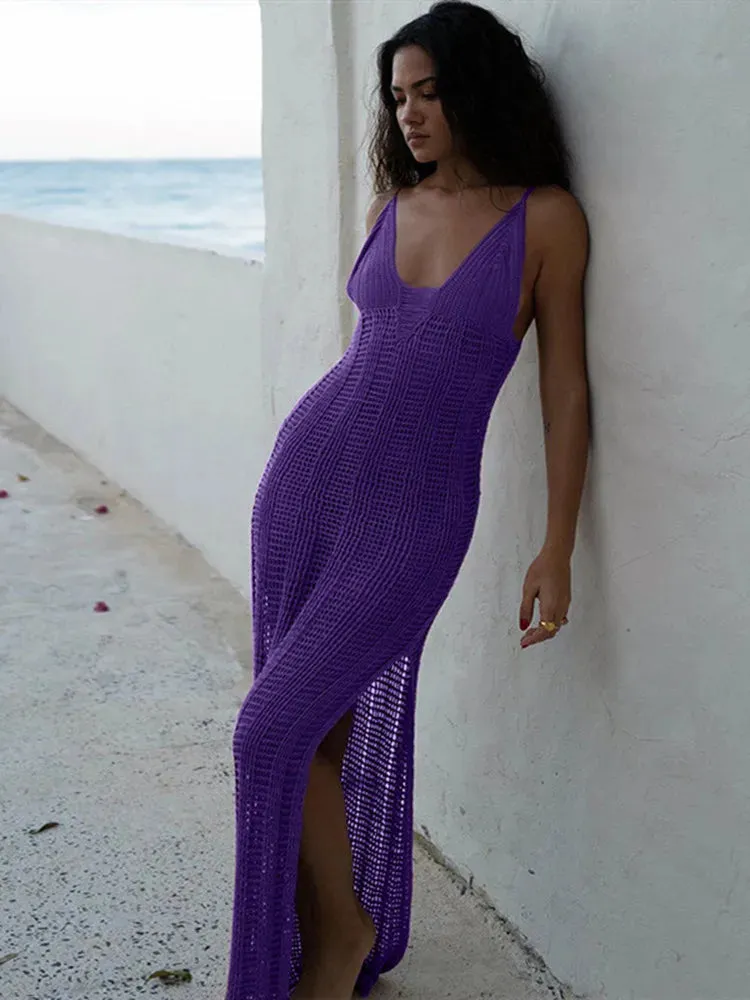 Crochet Maxi Hollow Out Cover-Up Bodycon V Neck Knitted Lace Dress for Summer Beach Club Party Streetwear