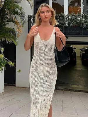 Crochet Maxi Hollow Out Cover-Up Bodycon V Neck Knitted Lace Dress for Summer Beach Club Party Streetwear