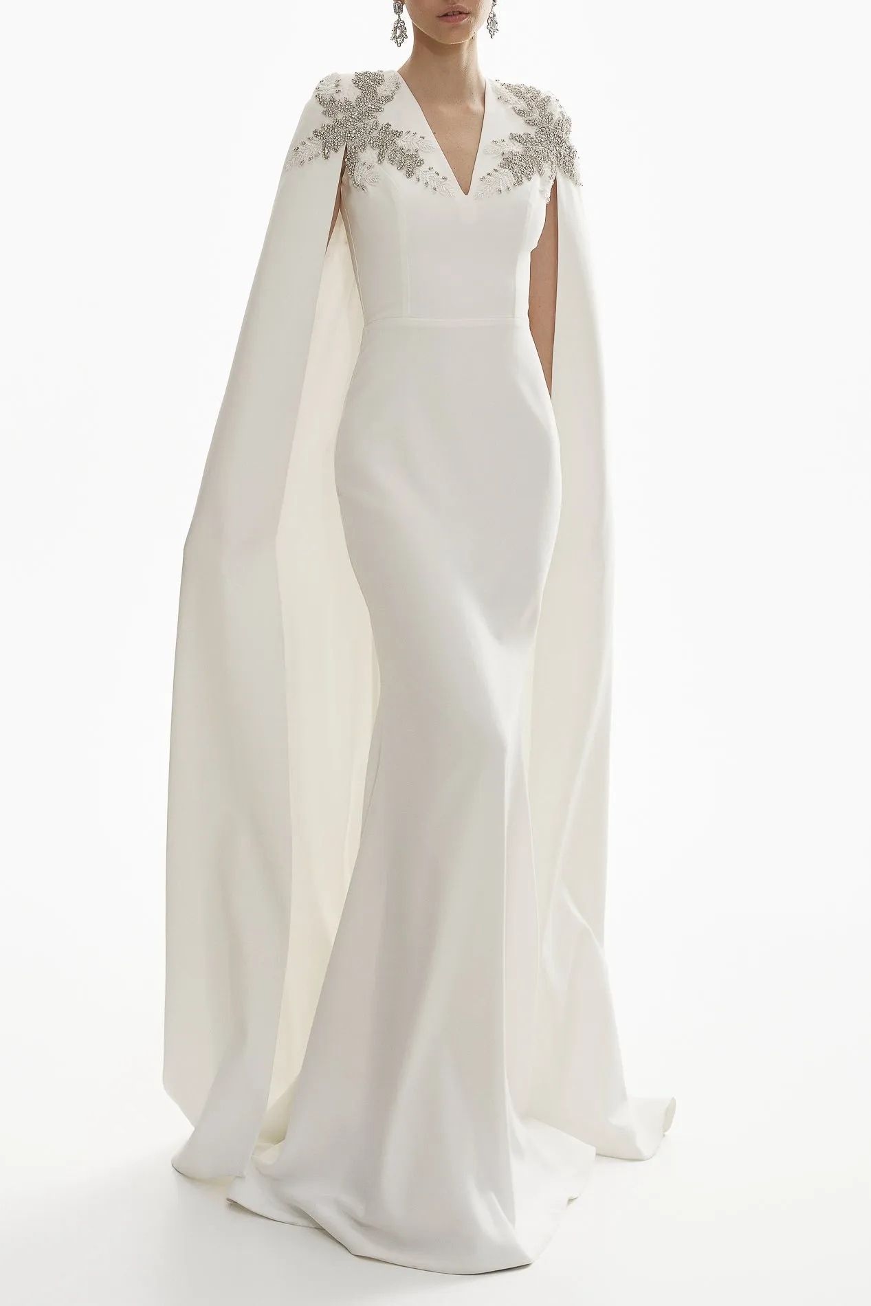 Dalia Crystal-Embroidered Cape Crepe Dress In Off-White