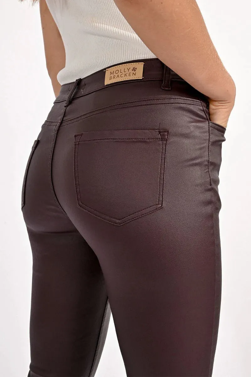 Dark Red Slim Coated Pants