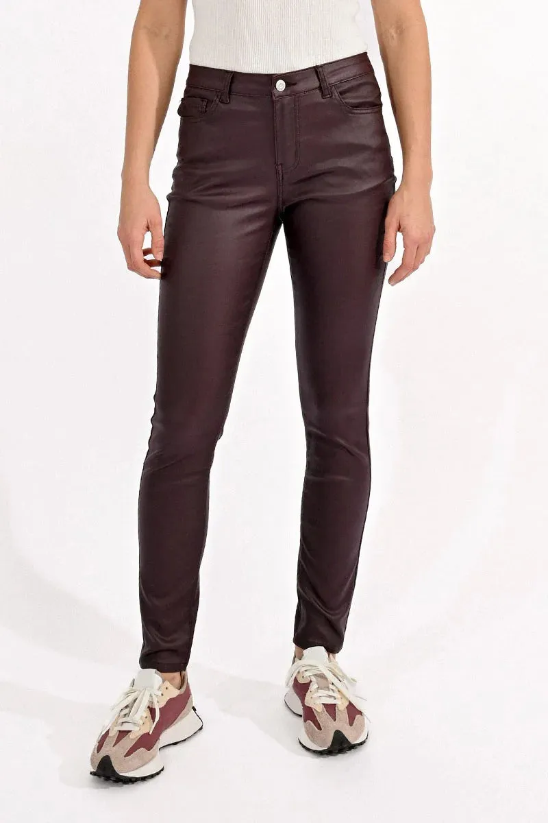 Dark Red Slim Coated Pants