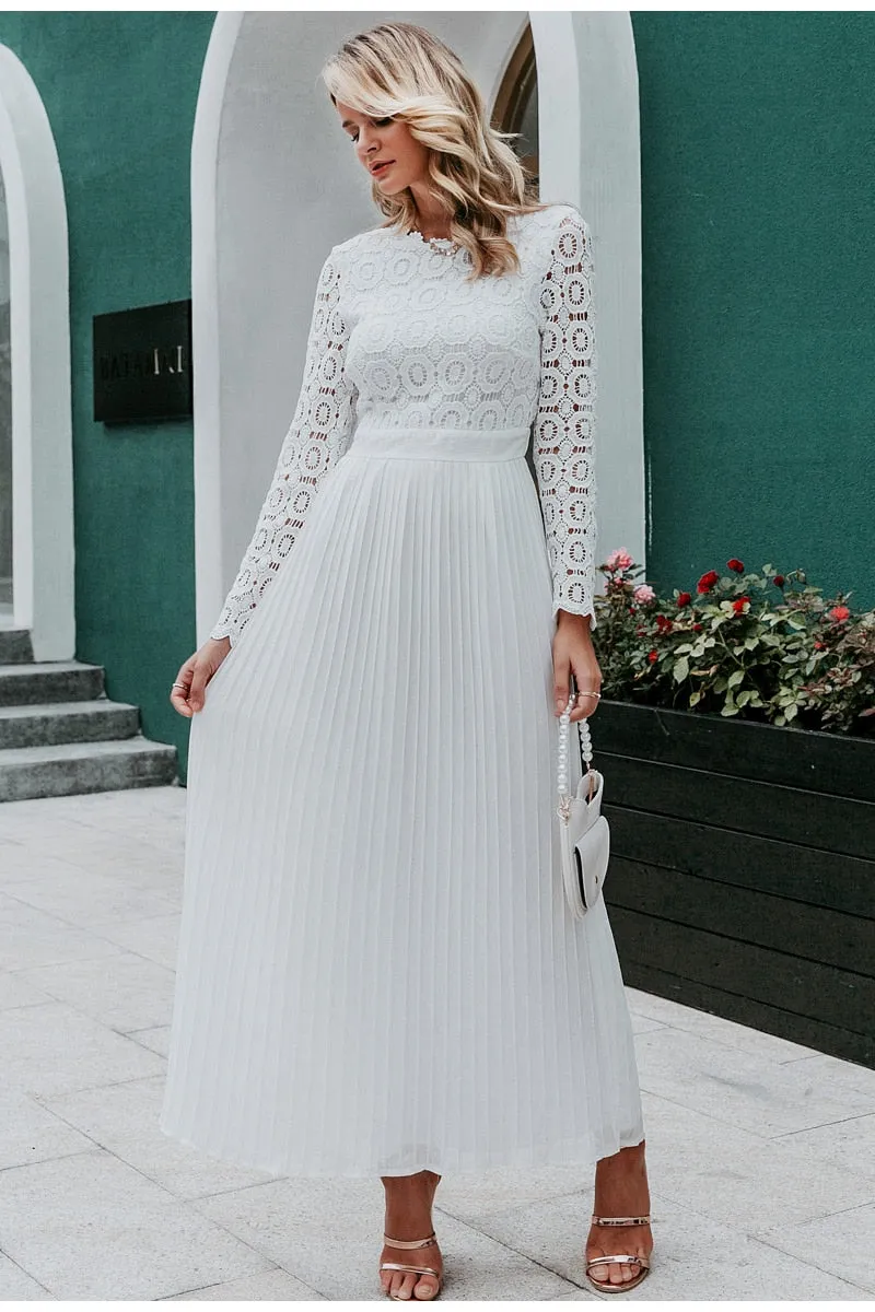 Elegant Lace Embroidery Pleated O-neck Long Plus Size Autumn Winter Lady Sexy Party Dress