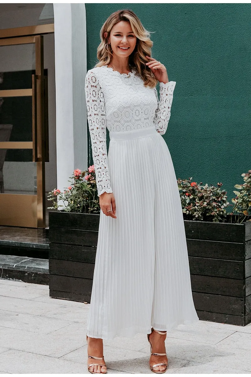 Elegant Lace Embroidery Pleated O-neck Long Plus Size Autumn Winter Lady Sexy Party Dress