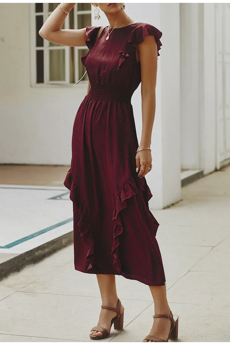 Elegant Ruffle Sleeveless Dot Print Office Elastic Waist Maxi Dress