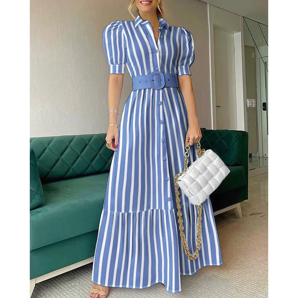 Elegant Short Sleeves Long Dresses with Belt