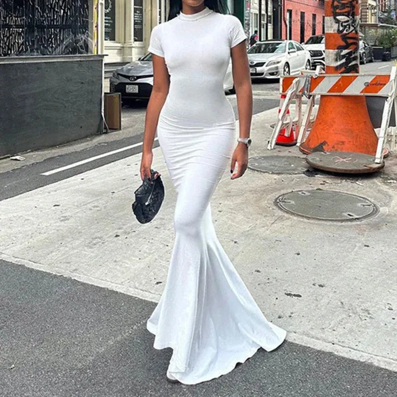 Elegant White Short Sleeves Maxi Dress