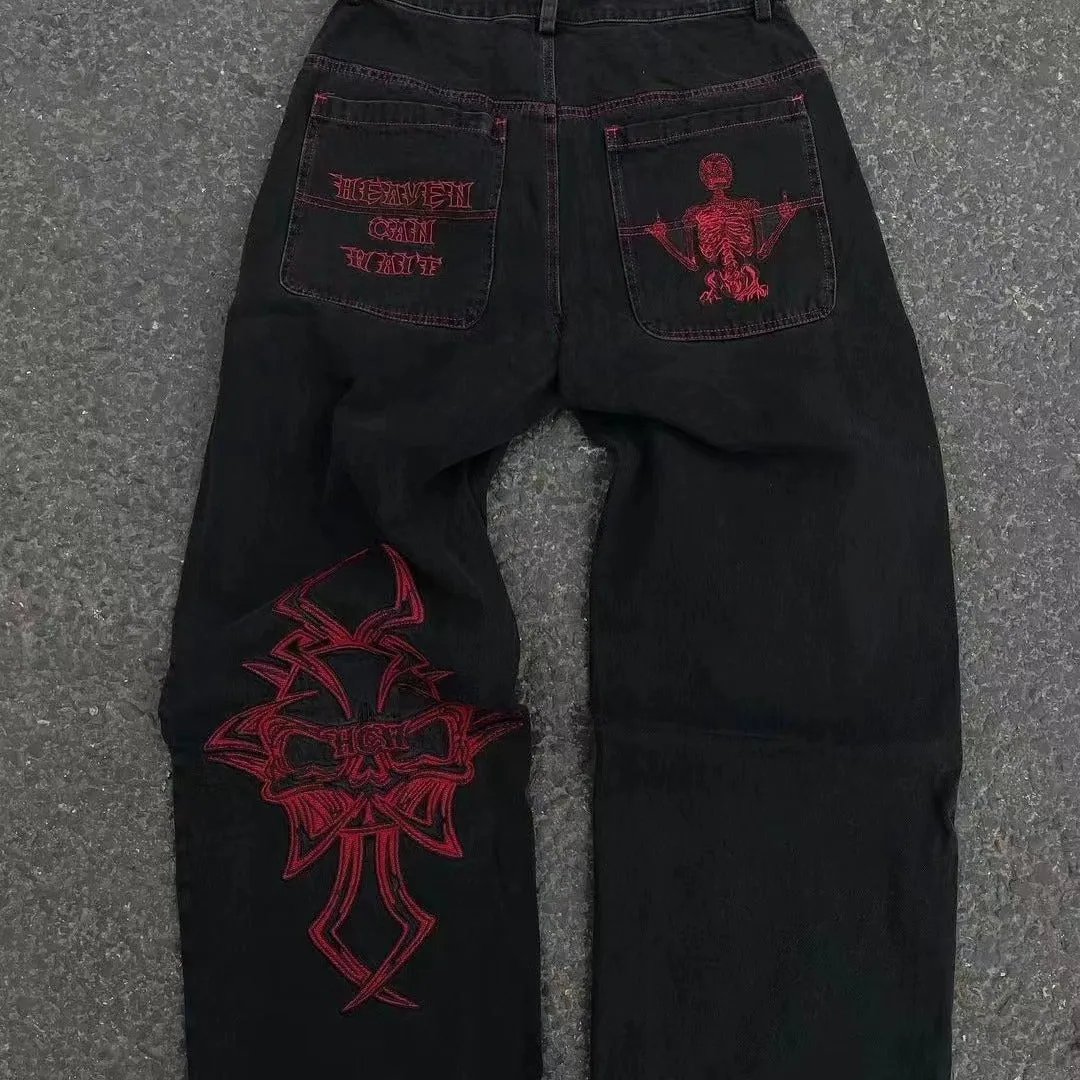 Embroidered Skull Cotton Casual Straight Pants