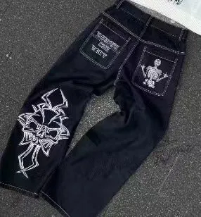 Embroidered Skull Cotton Casual Straight Pants