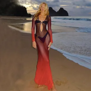 Fashion Red Gradient Mesh Deep Collar Hollow Long Sleeve Transparent Split Maxi Dress