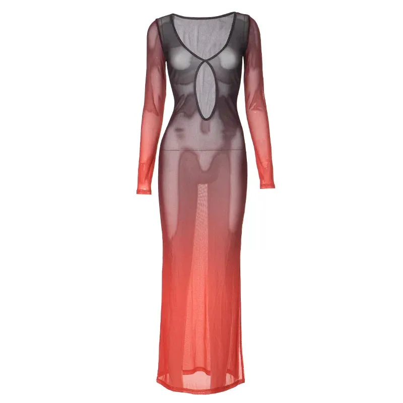 Fashion Red Gradient Mesh Deep Collar Hollow Long Sleeve Transparent Split Maxi Dress