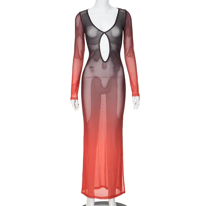 Fashion Red Gradient Mesh Deep Collar Hollow Long Sleeve Transparent Split Maxi Dress