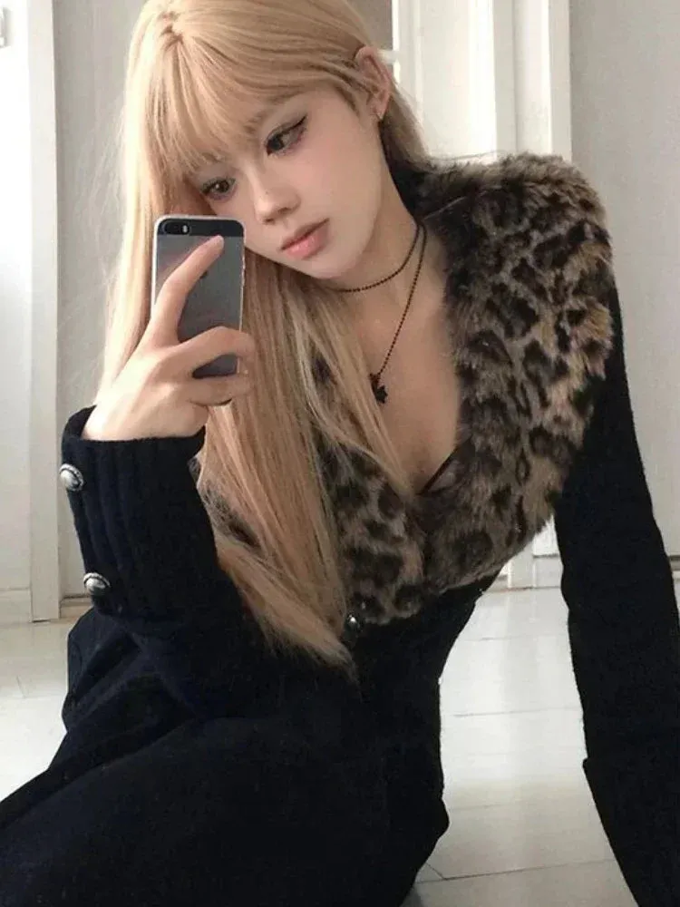 Fashionkova Leopard Cardigan Women Japanese Gyaru V-neck Long Sleeve Streetwear Slim Sexy Cardigan Sweater Y2k Vintage Top Autuam