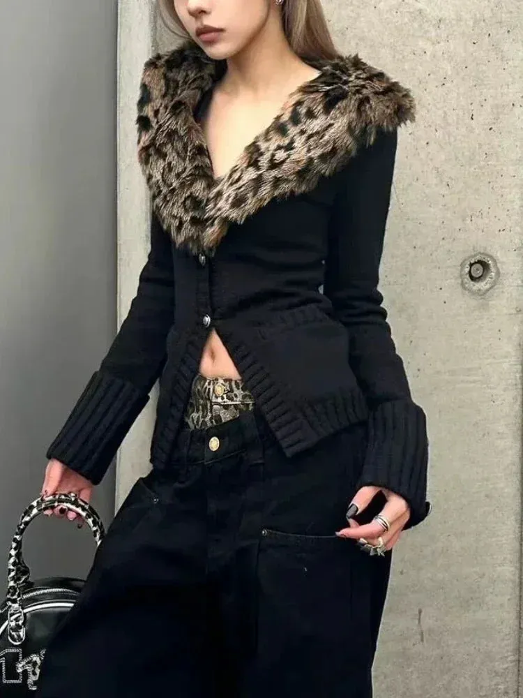 Fashionkova Leopard Cardigan Women Japanese Gyaru V-neck Long Sleeve Streetwear Slim Sexy Cardigan Sweater Y2k Vintage Top Autuam