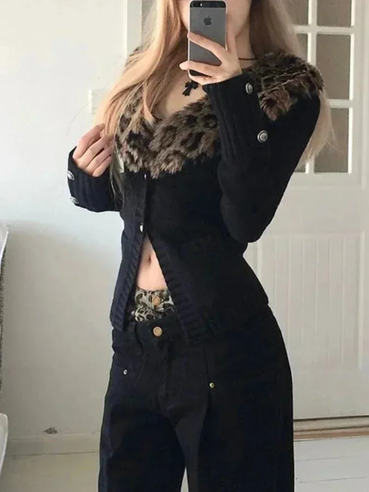 Fashionkova Leopard Cardigan Women Japanese Gyaru V-neck Long Sleeve Streetwear Slim Sexy Cardigan Sweater Y2k Vintage Top Autuam