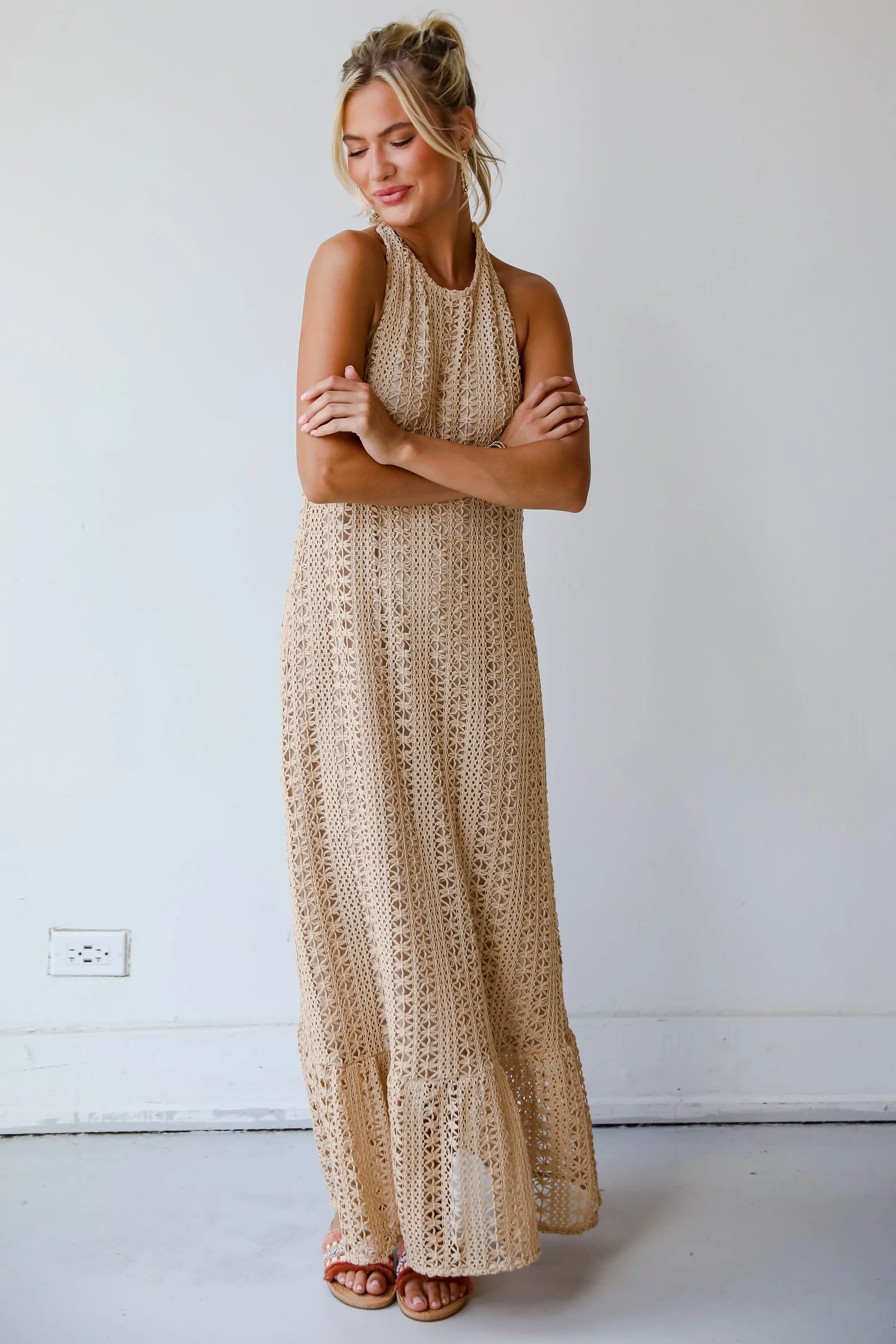 FINAL SALE - Divine Intentions Taupe Crochet Knit Halter Maxi Dress