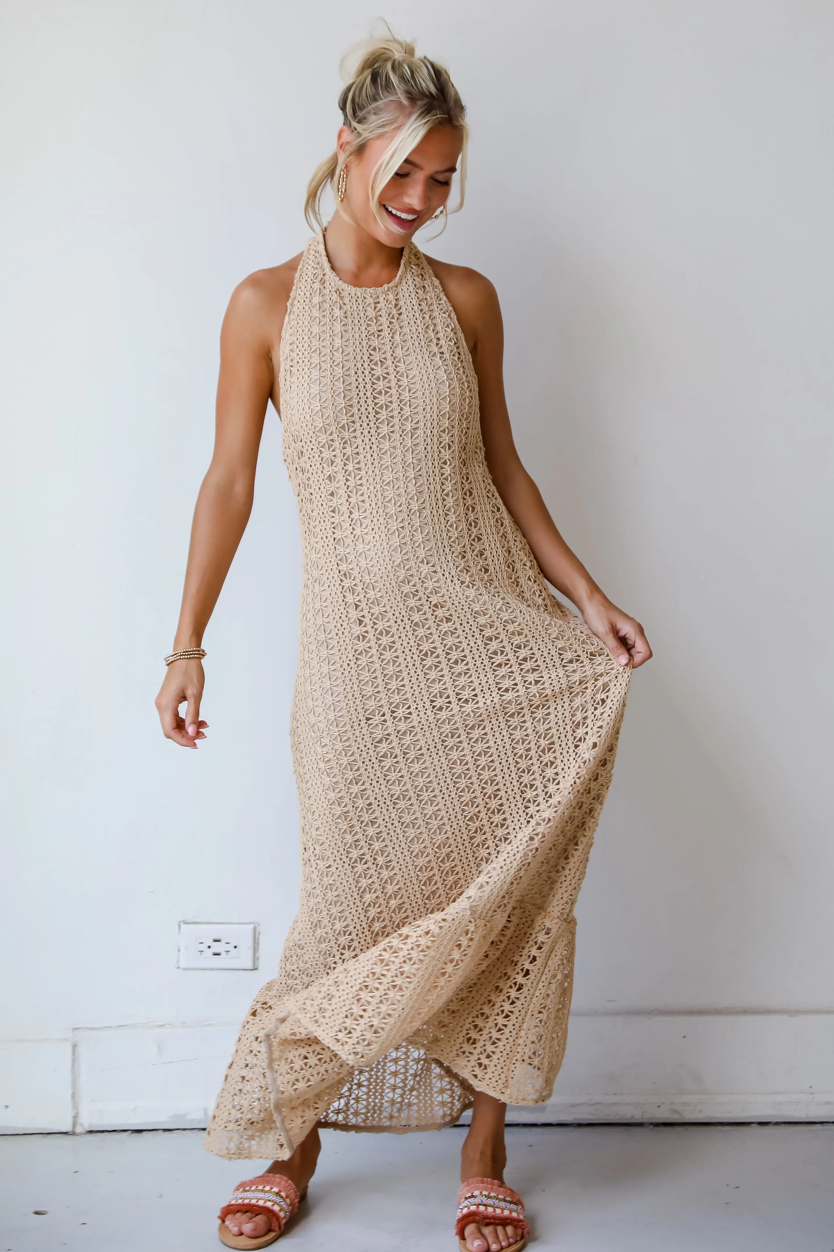 FINAL SALE - Divine Intentions Taupe Crochet Knit Halter Maxi Dress