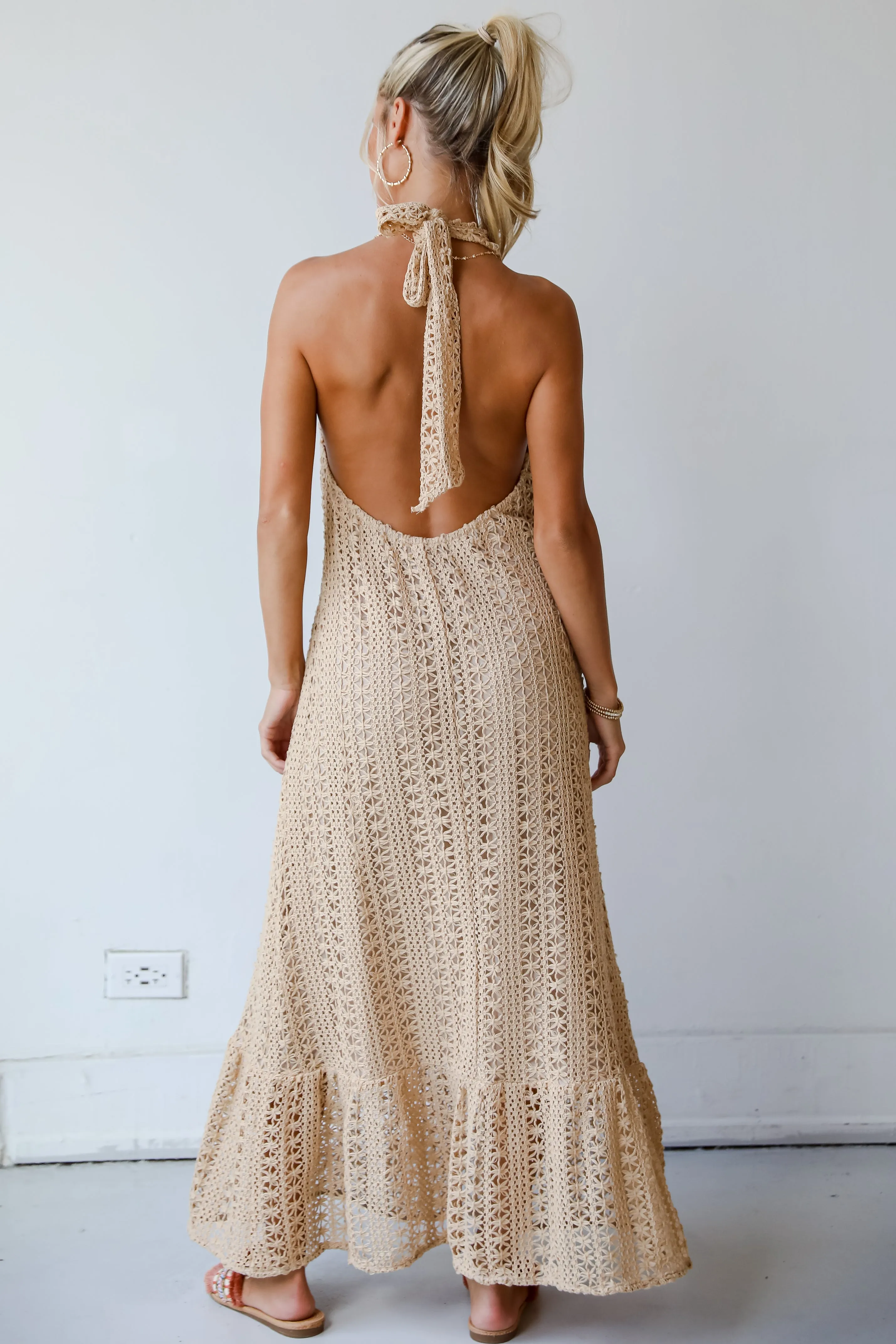 FINAL SALE - Divine Intentions Taupe Crochet Knit Halter Maxi Dress